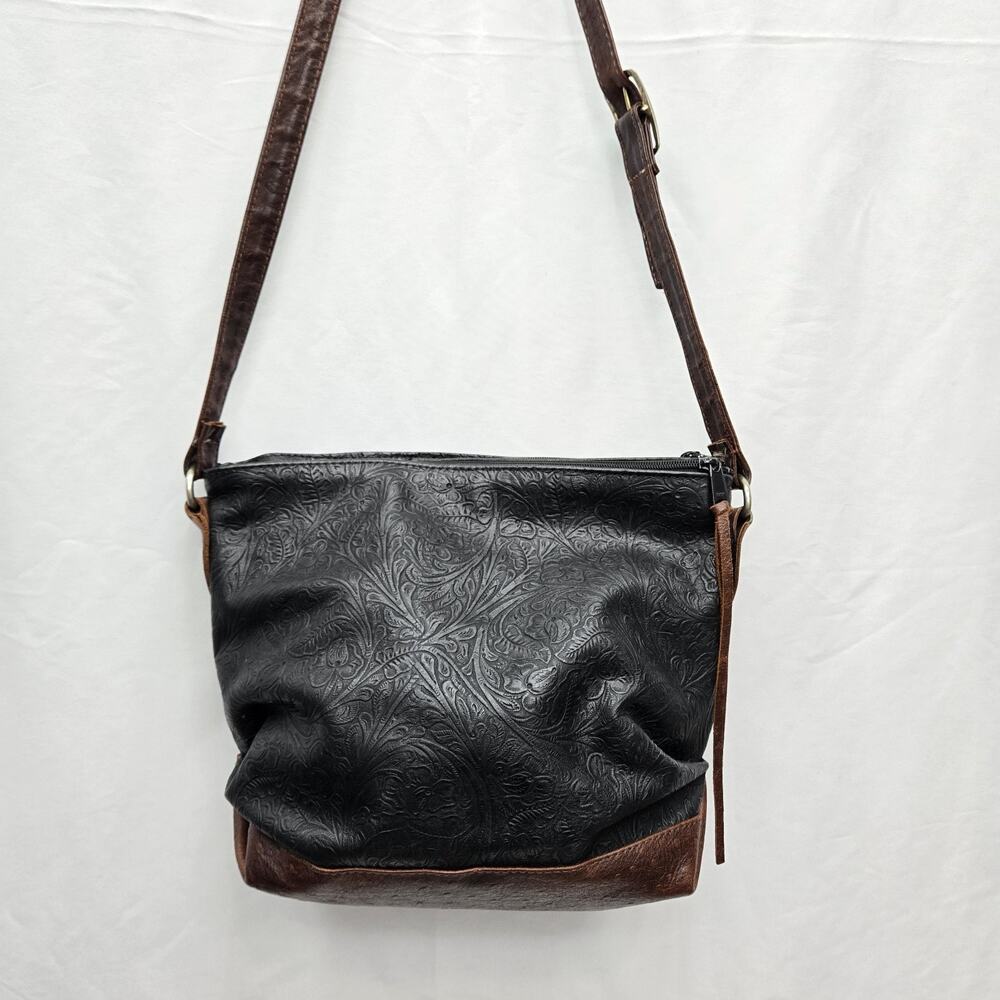 Vintage Tooled Leather Hobo Bag Black & Brown Western Crossbody YKK Zipper